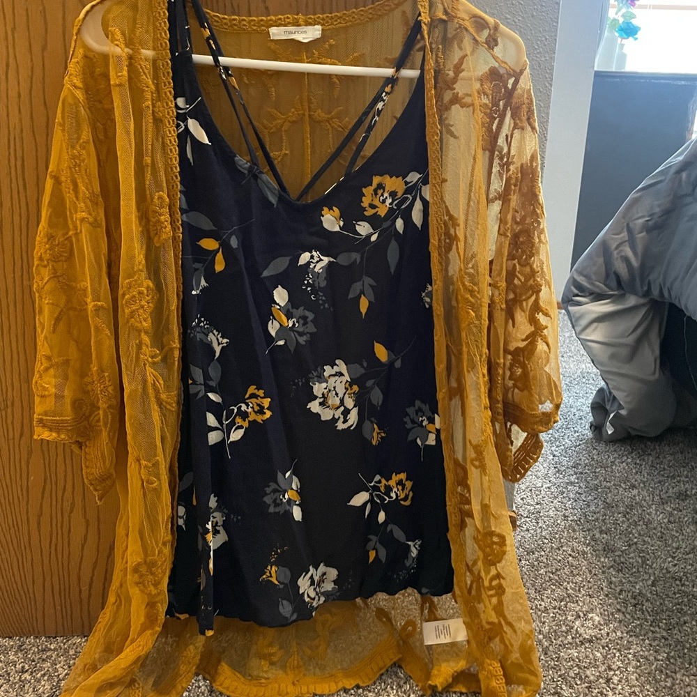 Maurices Navy Floral Cami with Mustard Lace Overlay